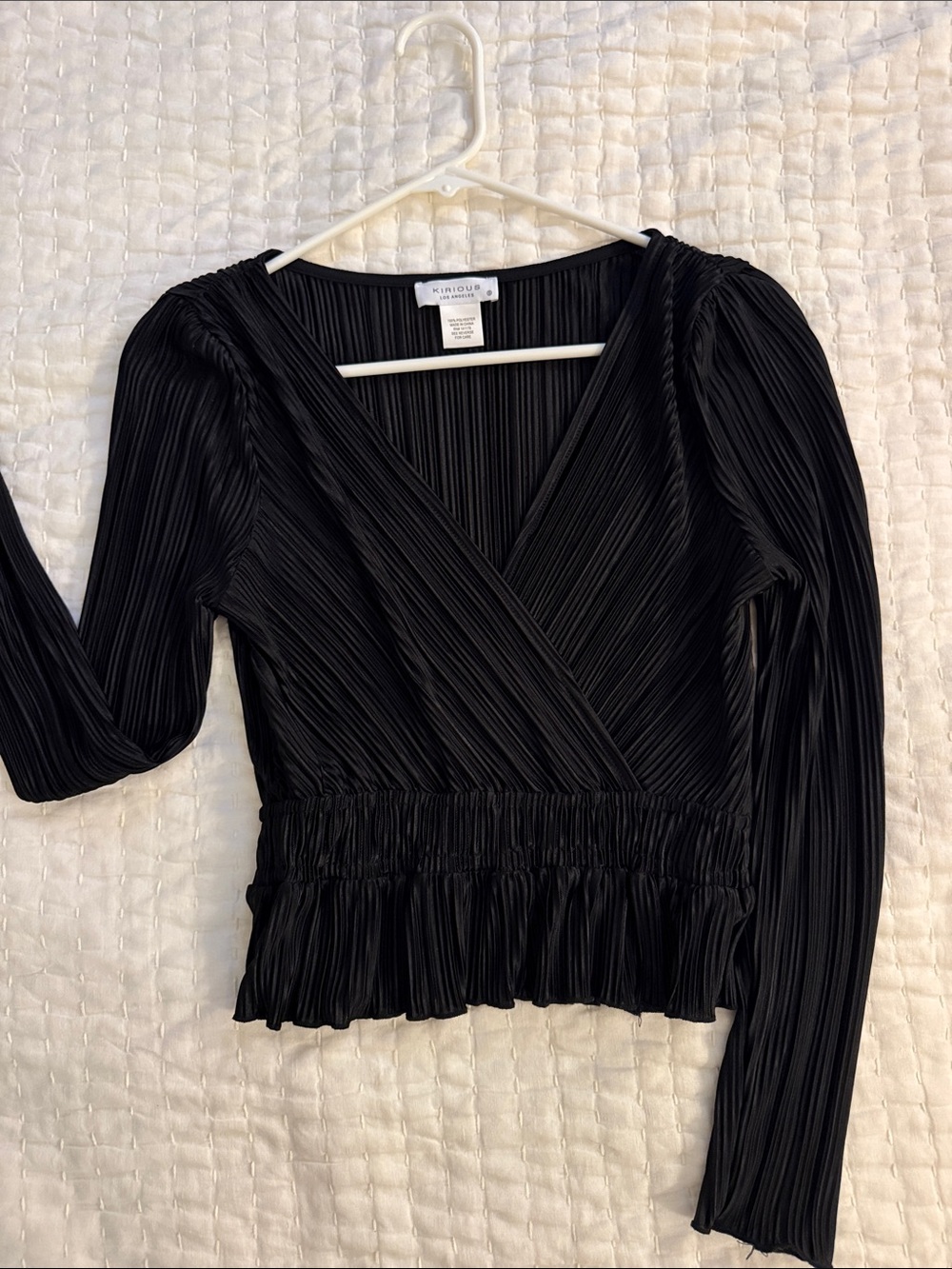 Black Pleated Wrap-Front Long Sleeve Top